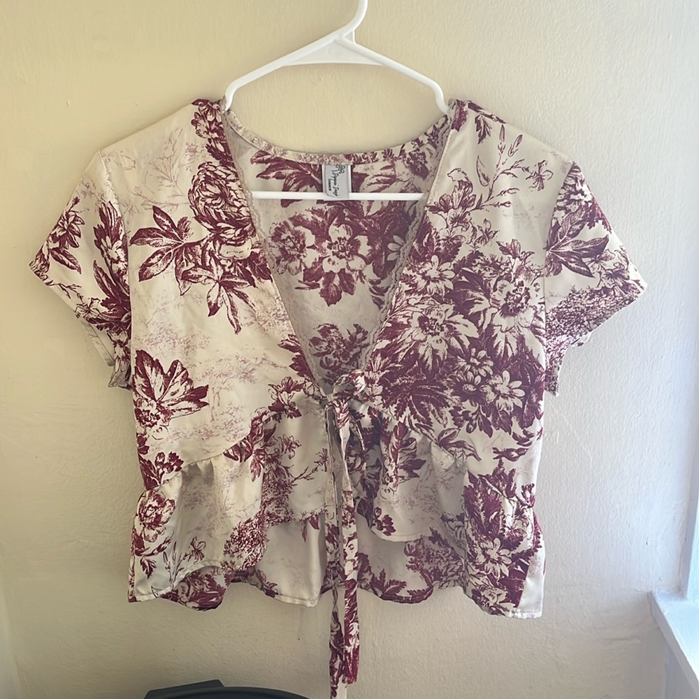 Dippin Daisy Women’s Cropped Tie Satin Blouse-Size M-Red/Cream